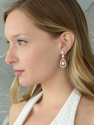 Rose Gold Pearl and CZ Wedding Earrings- Pierced or Clip