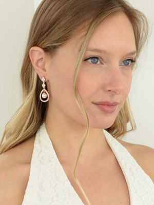 Rose Gold Pearl and CZ Wedding Earrings- Pierced or Clip