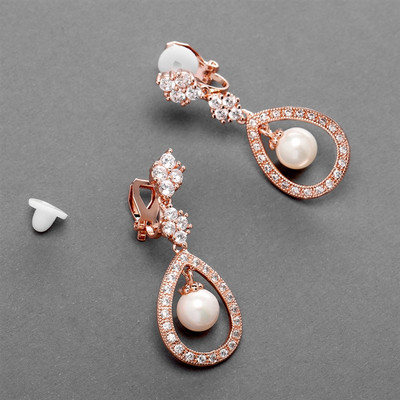 Rose Gold Pearl and CZ Wedding Earrings- Pierced or Clip
