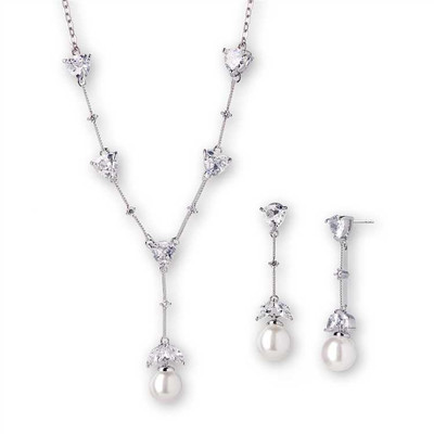 Soft White Pearl and Trillion CZ Wedding Jewelry Set Soft White Pearl and Trillion CZ Wedding Jewelry Set