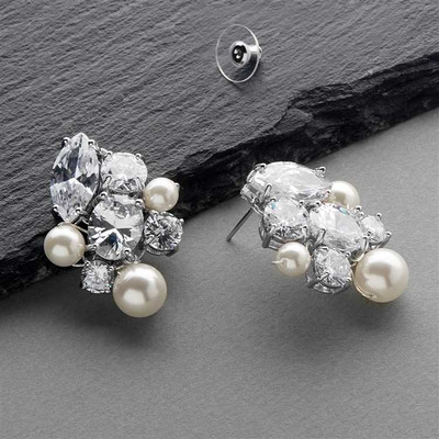 Multi Cut CZ and Pearl Cluster Wedding Earrings