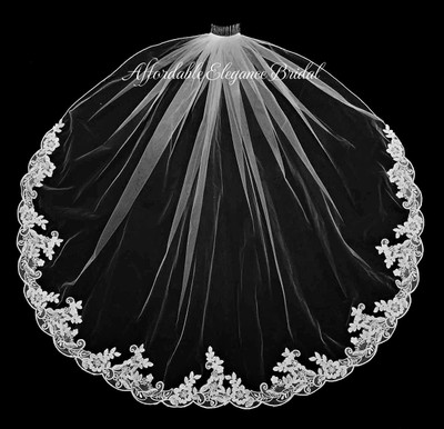 Wedding Veil with Beaded French Lace in Long Fingertip or Knee Length