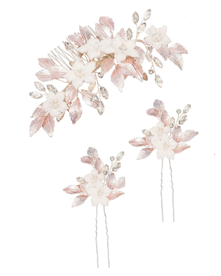 Blush Floral Crystal Bridal Comb with Matching Hair Pins