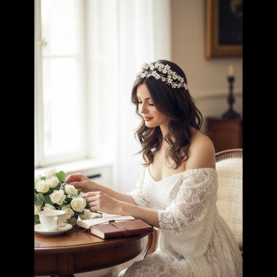 18K Gold Romantic Pearl and Floral Double Wedding Headband 18K Gold Romantic Pearl and Floral Double Wedding Headband