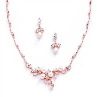 Rose Gold Pearl and CZ Wedding Jewelry Set with Bracelet