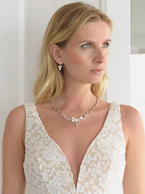 Freshwater Pearl and CZ Wedding Jewelry Set with Bracelet in Silver