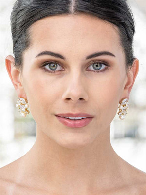 Gold Plated Multi Cut CZ and Pearl Cluster Wedding Earrings