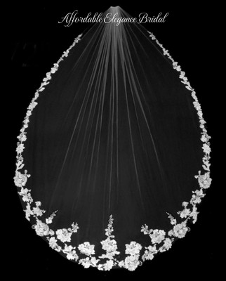 Regal Cathedral Wedding Veil with Rhinestone Beaded Floral Lace