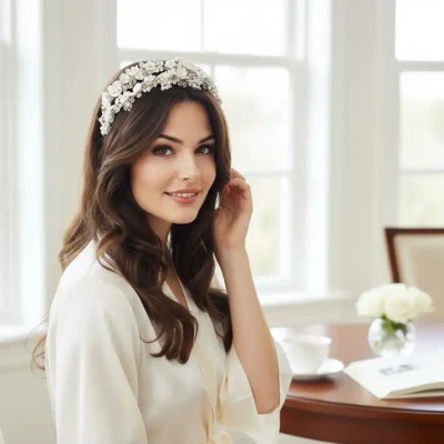 Romantic Wedding Headband with Hand Painted Porcelain Flowers