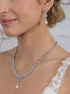 CZ and Pearl Teardrop Silver Plated Wedding Jewelry Set