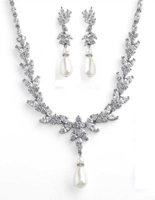 CZ and Pearl Teardrop Silver Plated Wedding Jewelry Set