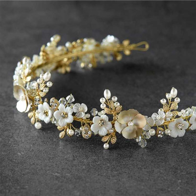 Gold and Ivory Floral Headband Tiara with Pearls