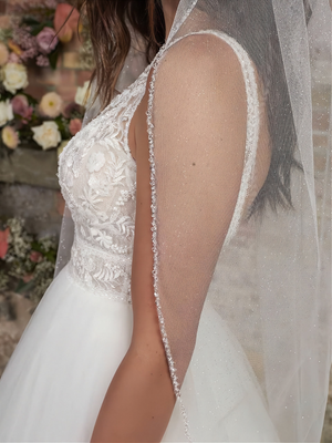 Glitter Tulle Fingertip Wedding Veil with Clear Beaded Edge V2299SF