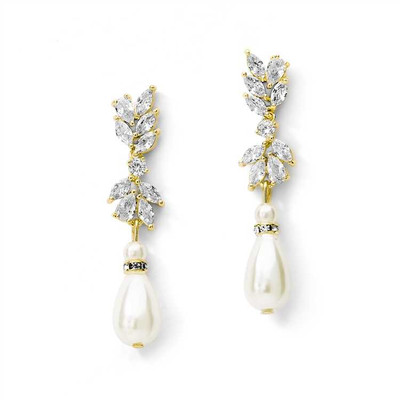 CZ and Teardrop Pearl Bridal Earrings in 14K Gold CZ and Teardrop Pearl Bridal Earrings in 14K Gold
