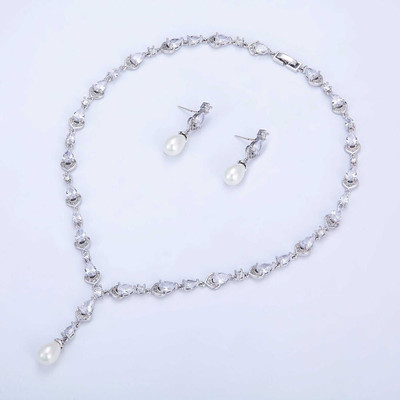 Pearl and CZ Platinum Plated Wedding Jewelry Set