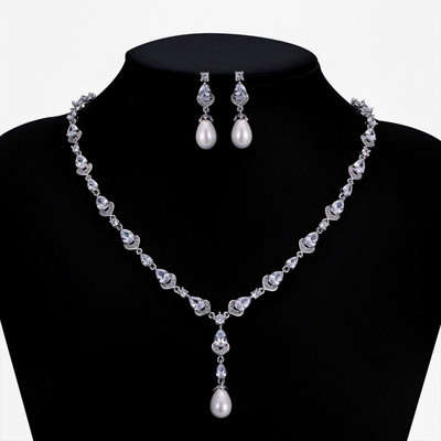 Pearl and CZ Platinum Plated Wedding Jewelry Set