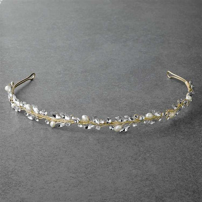 Gold Freshwater Pearl and Crystal Hand-Wired Bridal Headband Gold Freshwater Pearl and Crystal Hand-Wired Bridal Headband