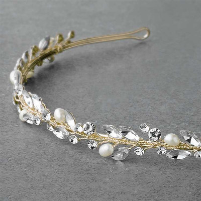 Gold Freshwater Pearl and Crystal Hand-Wired Bridal Headband Gold Freshwater Pearl and Crystal Hand-Wired Bridal Headband