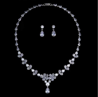 Pearl and 5A CZ Platinum Silver Plated Wedding Jewelry Set Pearl and 5A CZ Platinum Silver Plated Wedding Jewelry Set