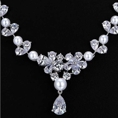 Pearl and 5A CZ Platinum Silver Plated Wedding Jewelry Set Pearl and 5A CZ Platinum Silver Plated Wedding Jewelry Set