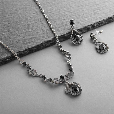 Black Austrian Crystal Bridal Jewelry Set in Black Hematite Plating