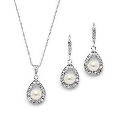5 Sets Pearl and CZ Silver Plated Bridesmaid Jewelry 4502S