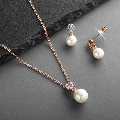 5 Sets Rose Gold Classic CZ and Cream Pearl Bridesmaid Jewelry