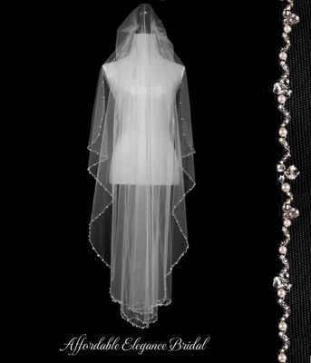 Angel Cut Waltz Length Pearl and Crystal Beaded Wedding Veil V3072W