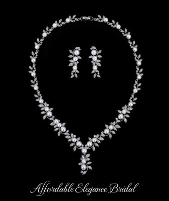 Lustrous Pearl and AAAAA CZ Silver Plated Wedding Jewelry Set