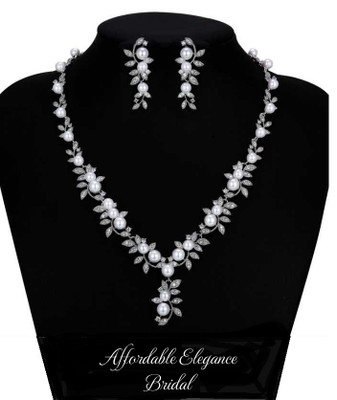 Lustrous Pearl and AAAAA CZ Silver Plated Wedding Jewelry Set