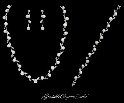 Pearl and CZ Wedding Jewelry Set with Bracelet in Silver or Gold