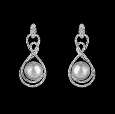 Silver Plated CZ Crystal and Pearl Wedding and Formal Earrings Silver Plated CZ Crystal and Pearl Wedding and Formal Earrings