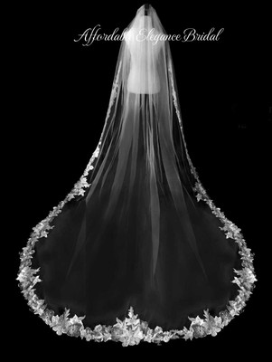 Royal Cathedral Wedding Veil with Beaded Two Tone Floral Lace Royal Cathedral Wedding Veil with Beaded Two Tone Floral Lace