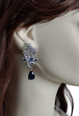 Sapphire Blue and Clear CZ Floral Bridesmaid and Prom Earrings Sapphire Blue and Clear CZ Floral Bridesmaid and Prom Earrings