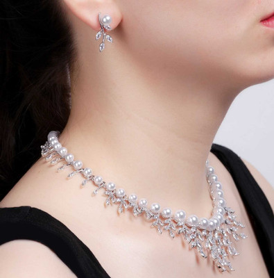 Stunning Pearl and AAAAA CZ Silver Plated Wedding Jewelry Set Stunning Pearl and AAAAA CZ Silver Plated Wedding Jewelry Set