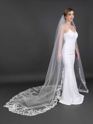 Cathedral Wedding Veil with Beaded Lace Appliques in Ivory