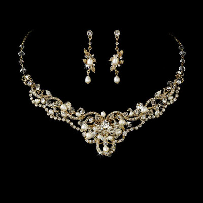 Gold Plated Pearl Wedding Tiara with Matching Jewelry Set Gold Plated Pearl Wedding Tiara with Matching Jewelry Set