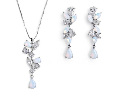 Opal Crystal and CZ Pendant Necklace and Earring Set in Silver Opal Crystal and CZ Pendant Necklace and Earring Set in Silver