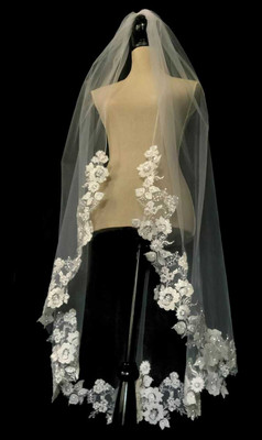 Waltz Length Wedding Veil with Beaded Floral Alencon Lace Waltz Length Wedding Veil with Beaded Floral Alencon Lace