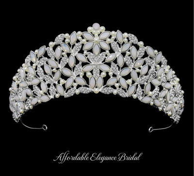 Opal, Pearl and Rhinestone Wedding and Quinceanera Tiara Crown
