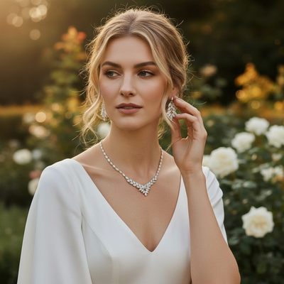 Luxurious CZ Wedding Necklace and Earring Set in Silver Plating