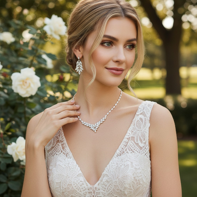 Luxurious CZ Wedding Necklace and Earring Set in Silver Plating