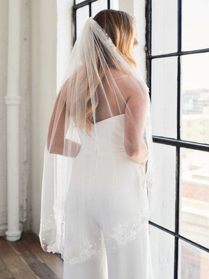 Heavily Beaded Lace Fingertip Wedding Veil Envogue V2387SF Heavily Beaded Lace Fingertip Wedding Veil Envogue V2387SF