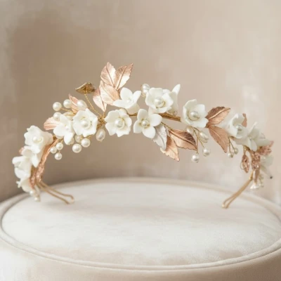 Exquisite Floral Pearl Wedding Headband in Silver or Rose Gold