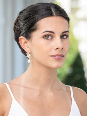 14K Gold Plated CZ Cluster Wedding Earrings with Pearl Drop