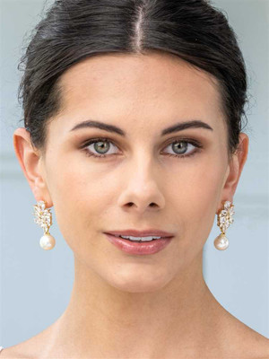 14K Gold Plated CZ Cluster Wedding Earrings with Pearl Drop