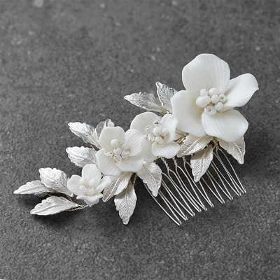 Wedding Hair Comb with Off-White Flowers and Crystals