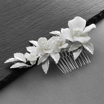 Wedding Hair Comb with Off-White Flowers and Crystals