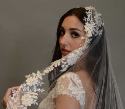 Mantilla Crystal Beaded Lace Cathedral Wedding Veil E1369L Mantilla Crystal Beaded Lace Cathedral Wedding Veil E1369L