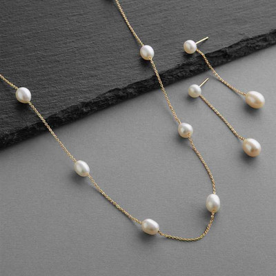 Floating Freshwater Pearl Silver or Gold Plated Bridal Jewelry Set Floating Freshwater Pearl Silver or Gold Plated Bridal Jewelry Set